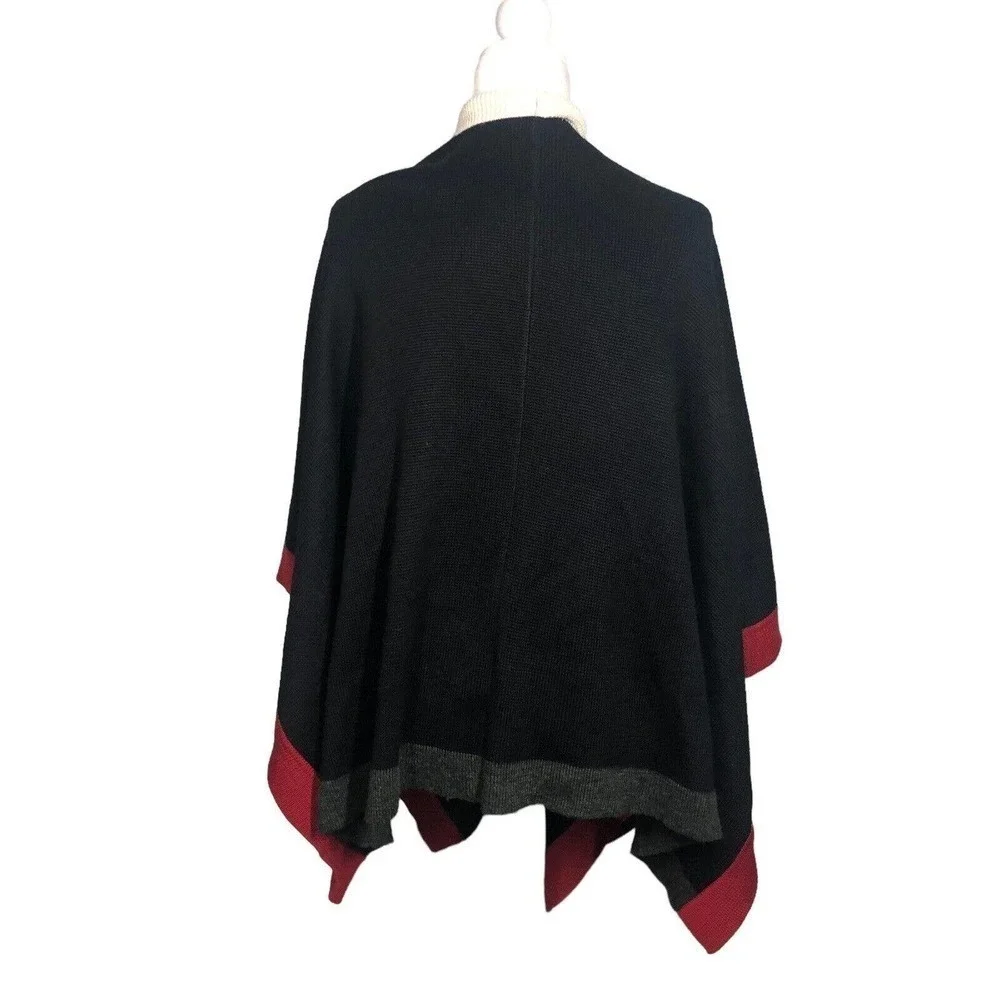 Coldwater Creek Poncho‎ Womens One Size Ruana Wrap Black Red Colorblock Wool New